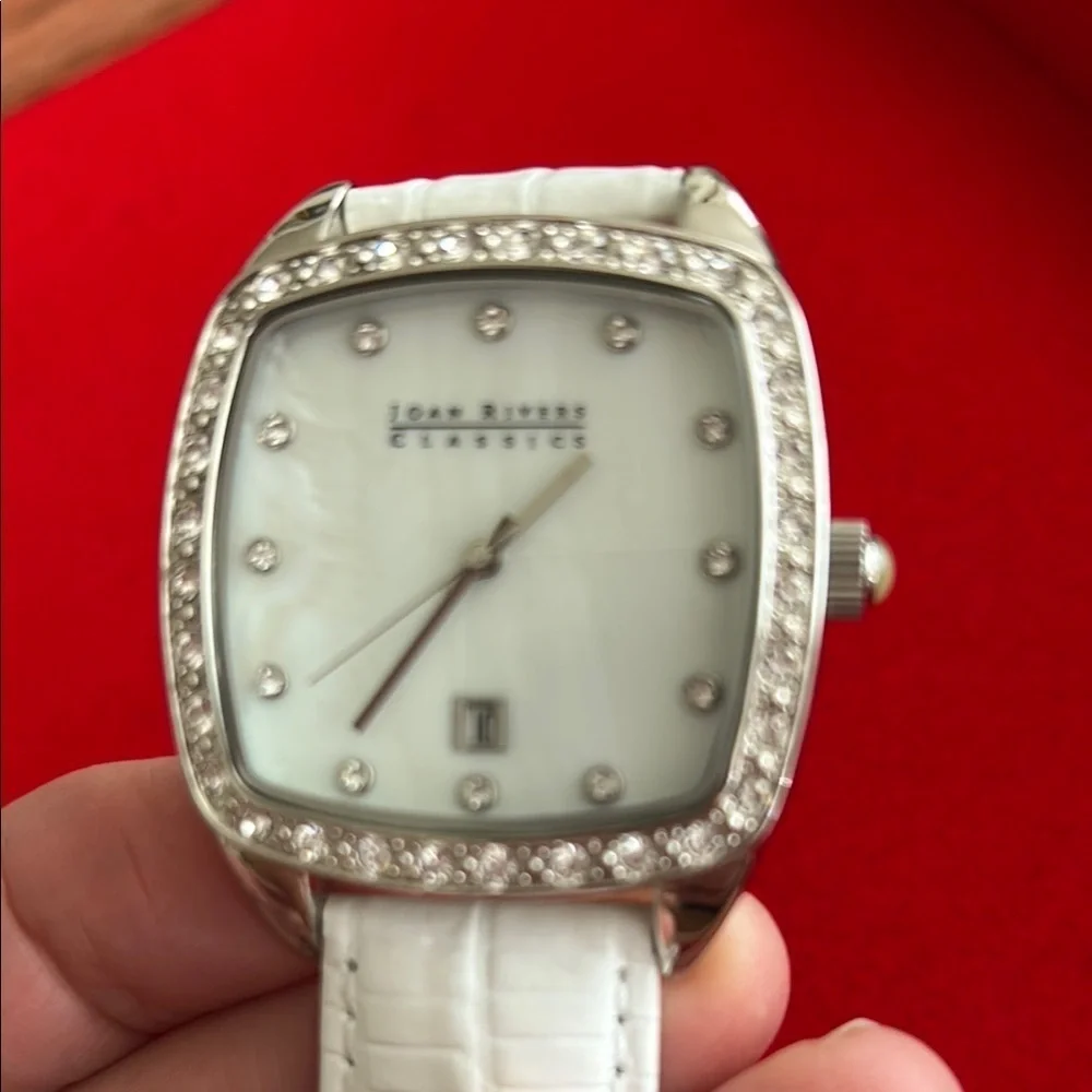 Vintage Joan Rivers White Watch with Crystal Details and Leather Band